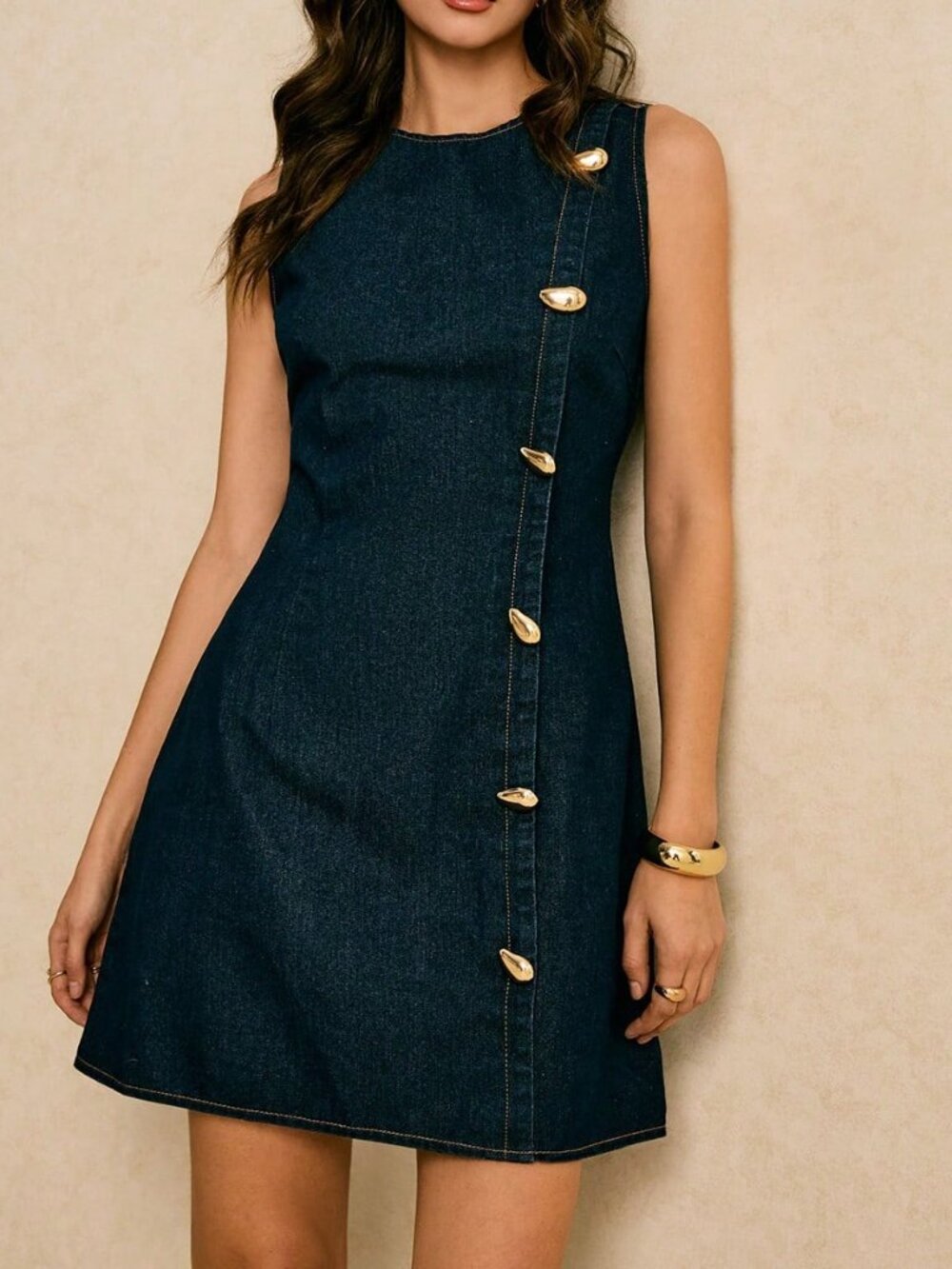 Dark Wash Casual Women's Sleeveless Button-Front Short Dress with Fitted Waist - Picture 8 of 8
